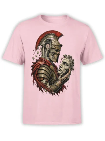 Pink T-shirt featuring a Roman warrior helmet, red plume, weathered armor, and classical stone face artwork