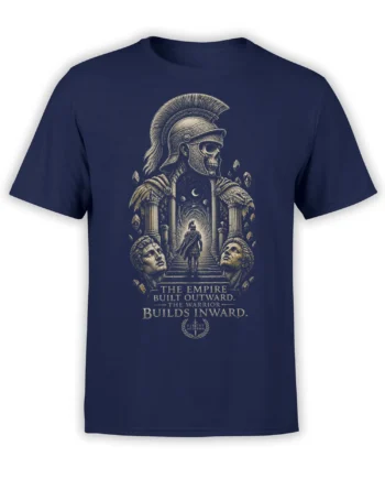 Navy T-shirt with Roman skull warrior, ancient columns, laurel wreath, sword, and inner-strength motto