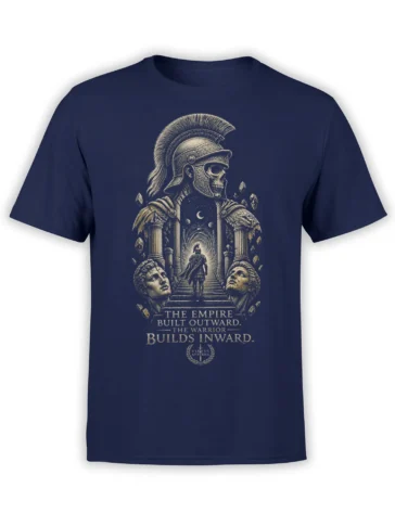 Navy T-shirt with Roman skull warrior, ancient columns, laurel wreath, sword, and inner-strength motto
