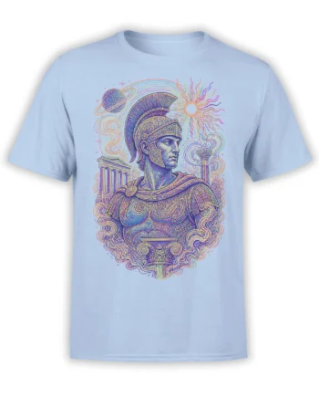 Light blue T-shirt with an ornate Roman warrior, classical columns, sun, stars, and ringed planet