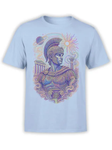 Light blue T-shirt with an ornate Roman warrior, classical columns, sun, stars, and ringed planet