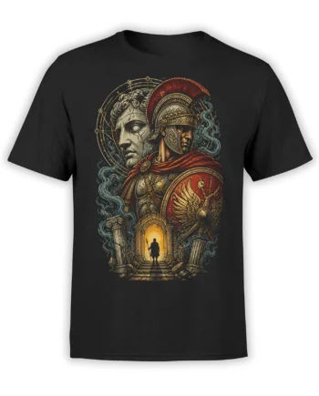 Roman warrior in red-crested helmet with winged shield and ancient columns on black T-shirt