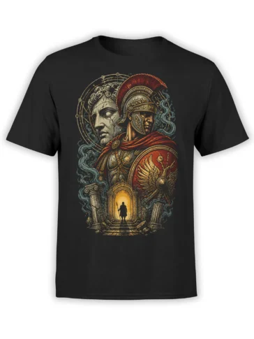 Roman warrior in red-crested helmet with winged shield and ancient columns on black T-shirt