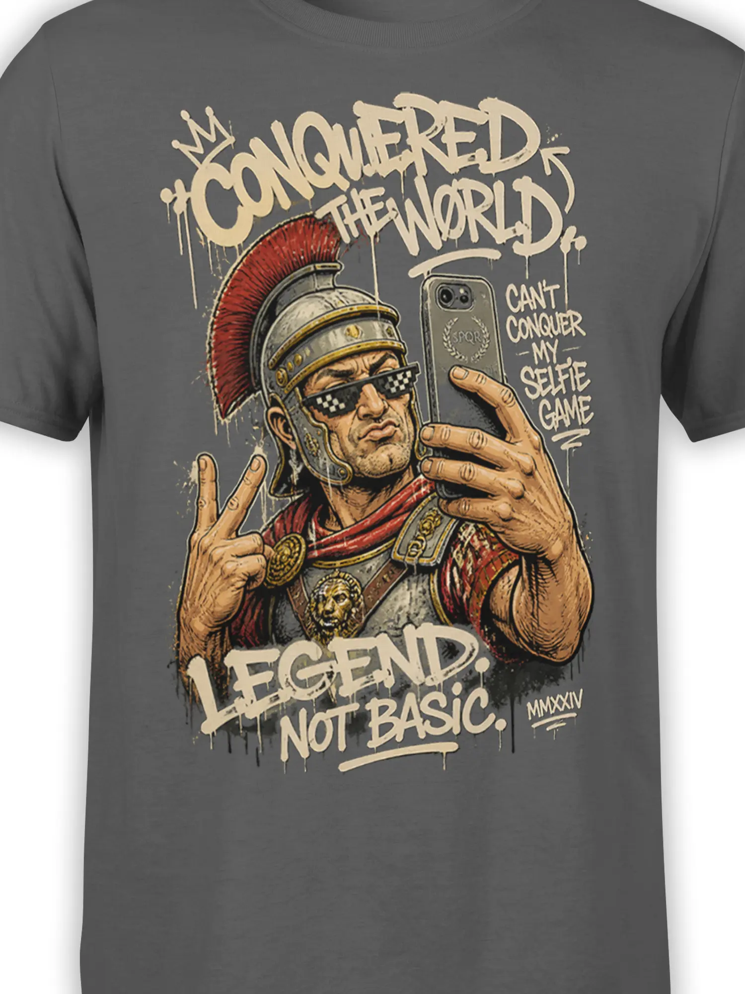 Close-up of Roman centurion armor, red crest, pixel sunglasses, and selfie phone graphic on gray shirt