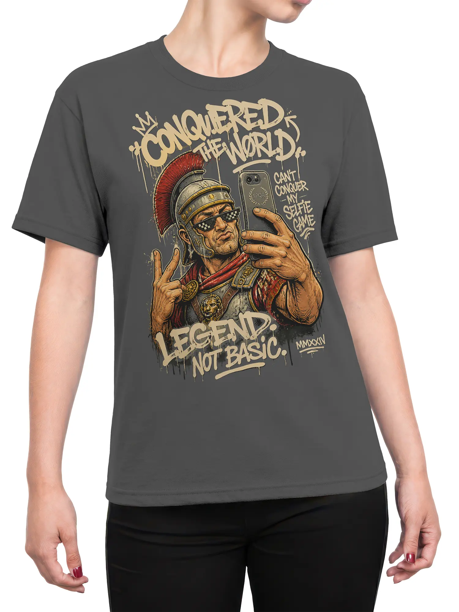 Female torso wearing a gray Roman centurion selfie graphic T-shirt with bold vintage lettering