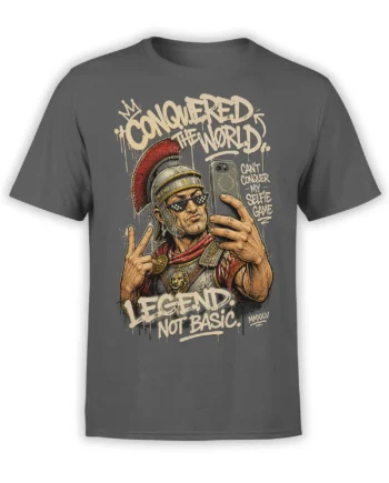 Roman centurion wearing pixel sunglasses and taking a selfie on a gray graphic T-shirt