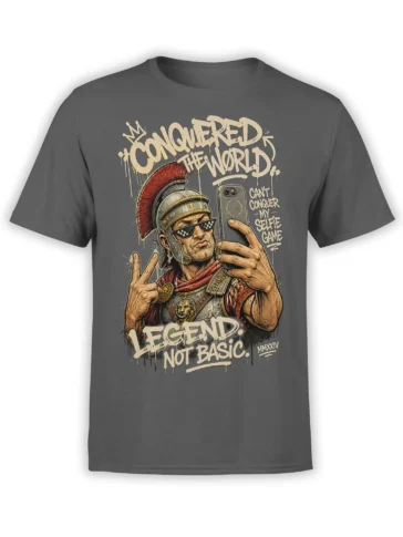 Roman centurion wearing pixel sunglasses and taking a selfie on a gray graphic T-shirt