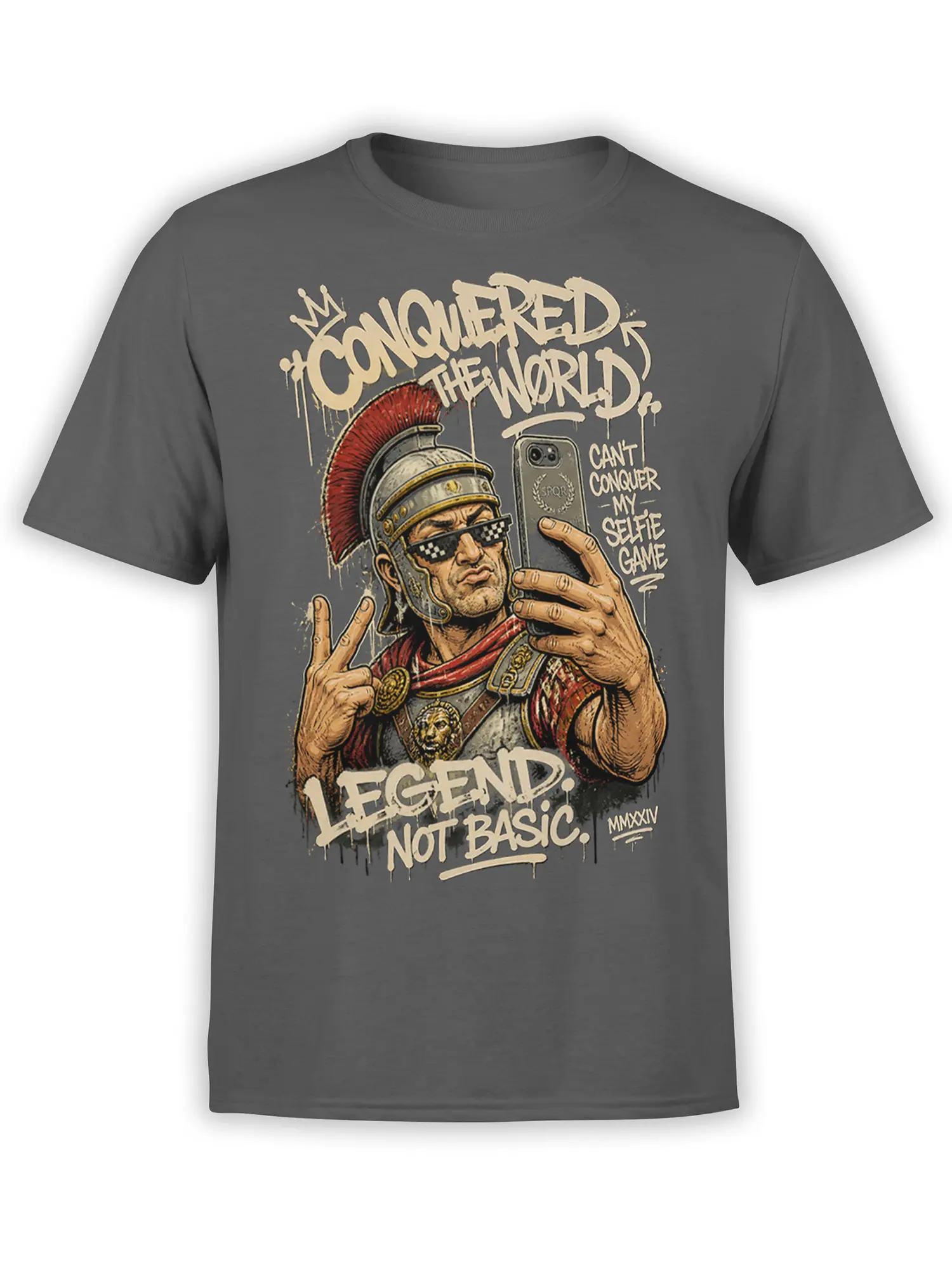 Roman centurion wearing pixel sunglasses and taking a selfie on a gray graphic T-shirt