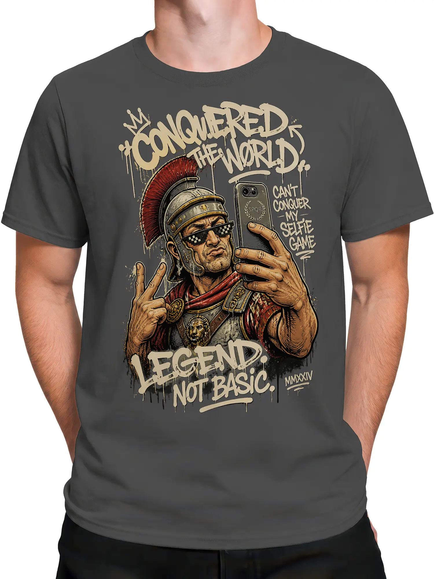 Male torso wearing a gray Roman warrior selfie T-shirt with distressed legend artwork