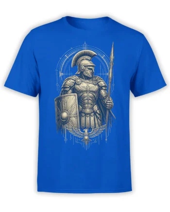 Roman warrior in detailed armor with shield, spear, and eagle emblem on a blue T-shirt