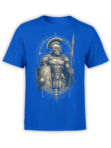 Roman warrior in detailed armor with shield, spear, and eagle emblem on a blue T-shirt