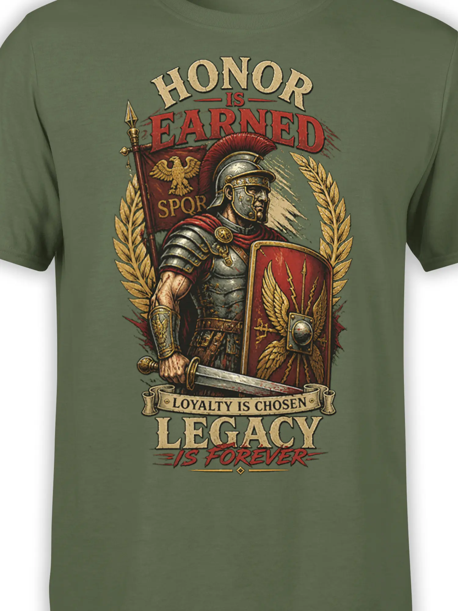 Close-up of Roman warrior graphic with shield, sword, laurel wreath, and legacy lettering on green fabric