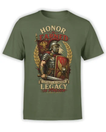 Green T-shirt with vintage Roman warrior, shield, sword, laurel wreath, and honor-themed lettering
