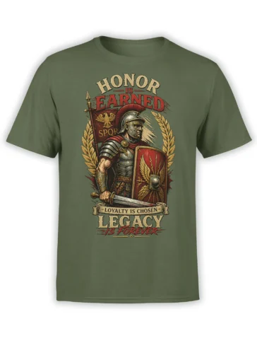 Green T-shirt with vintage Roman warrior, shield, sword, laurel wreath, and honor-themed lettering