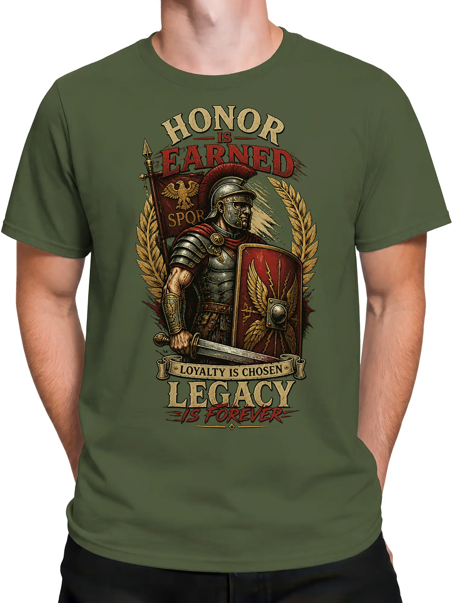 Male torso wearing a green Roman warrior T-shirt with shield, sword, and vintage honor artwork