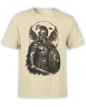 Beige T-shirt featuring a vintage Roman warrior in armor with a sword, shield, cape, and dark wing shapes
