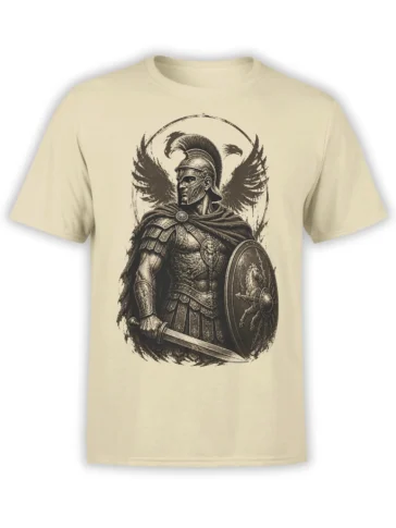 Beige T-shirt featuring a vintage Roman warrior in armor with a sword, shield, cape, and dark wing shapes