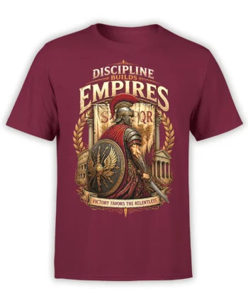 Burgundy T-shirt with armored Roman warrior, shield, sword, laurel branches, and bold discipline lettering