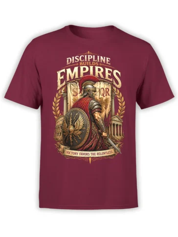 Burgundy T-shirt with armored Roman warrior, shield, sword, laurel branches, and bold discipline lettering