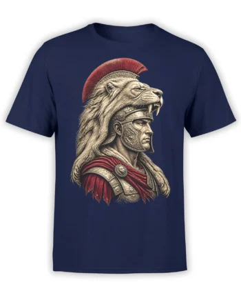 Roman warrior with lion helmet and red plume printed on a navy T-shirt