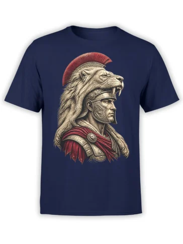 Roman warrior with lion helmet and red plume printed on a navy T-shirt