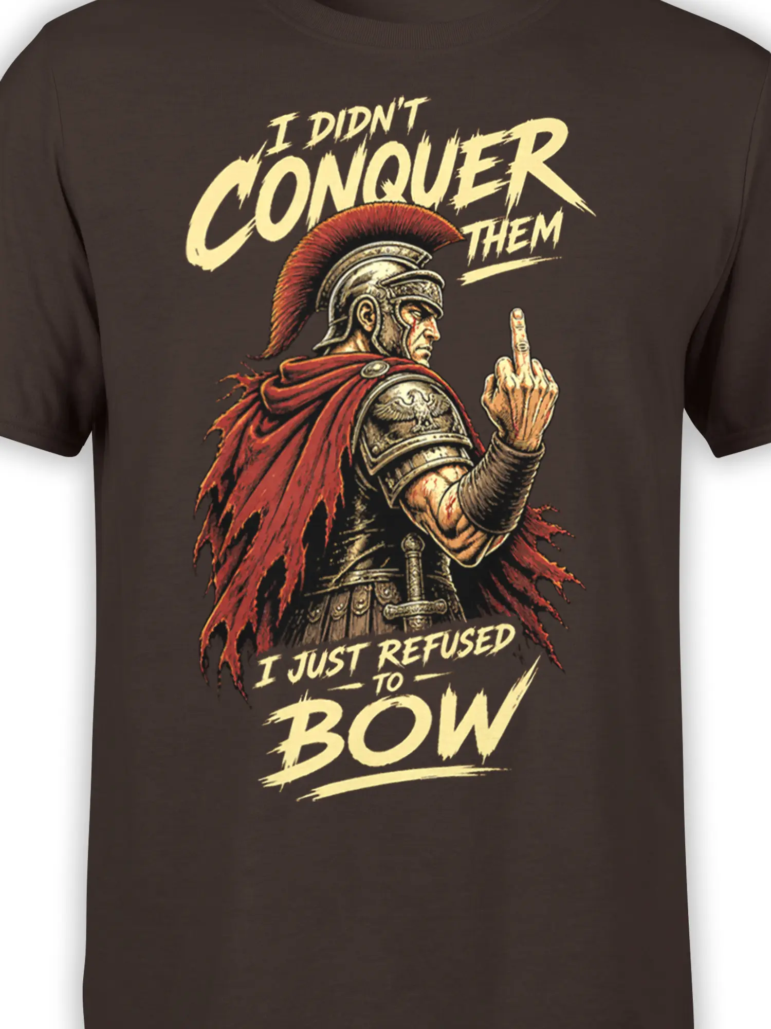 Close-up of Roman warrior armor, red plume, red cape, raised middle finger, and distressed cream lettering on brown fabric