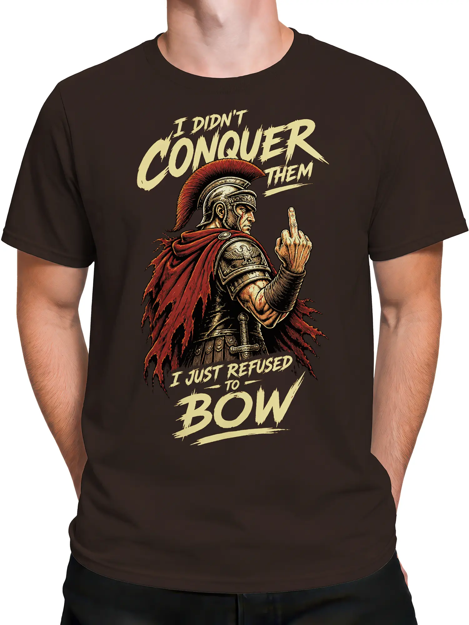 Male torso wearing a brown Roman warrior T-shirt with vintage armor art and raised middle finger graphic