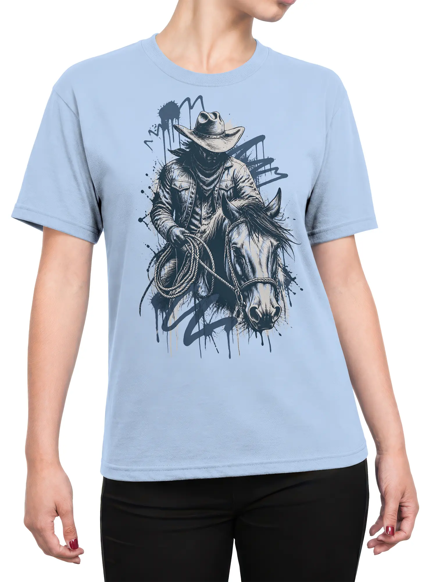 Female torso wearing a light blue T-shirt with a shadowed cowboy riding a horse