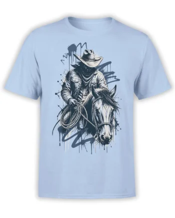 Shadowed cowboy riding a horse with a lasso on a light blue Western graphic T-shirt