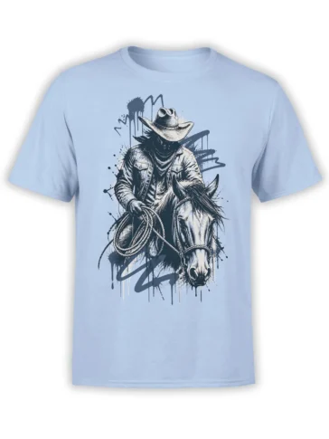 Shadowed cowboy riding a horse with a lasso on a light blue Western graphic T-shirt