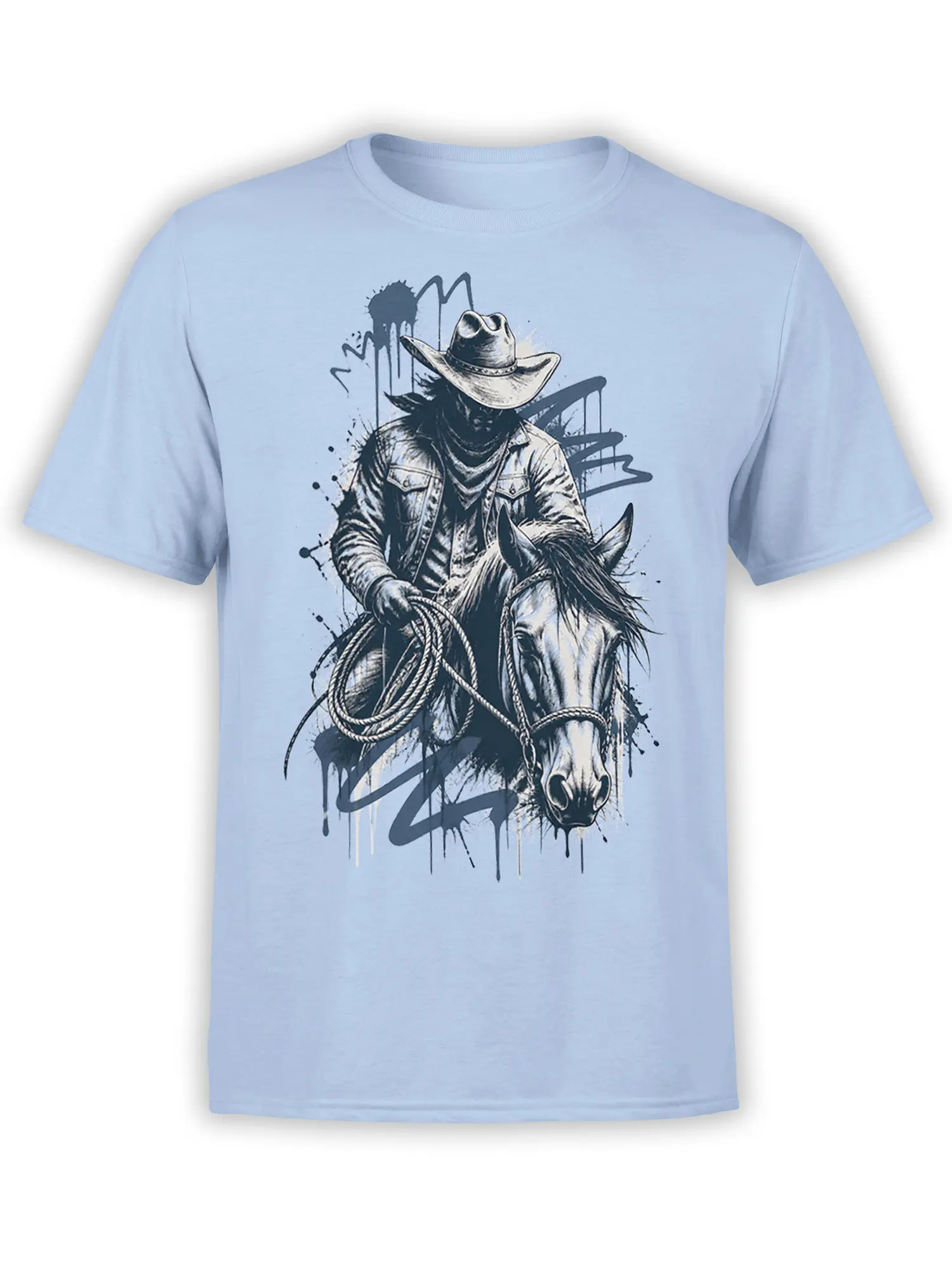 Shadowed cowboy riding a horse with a lasso on a light blue Western graphic T-shirt