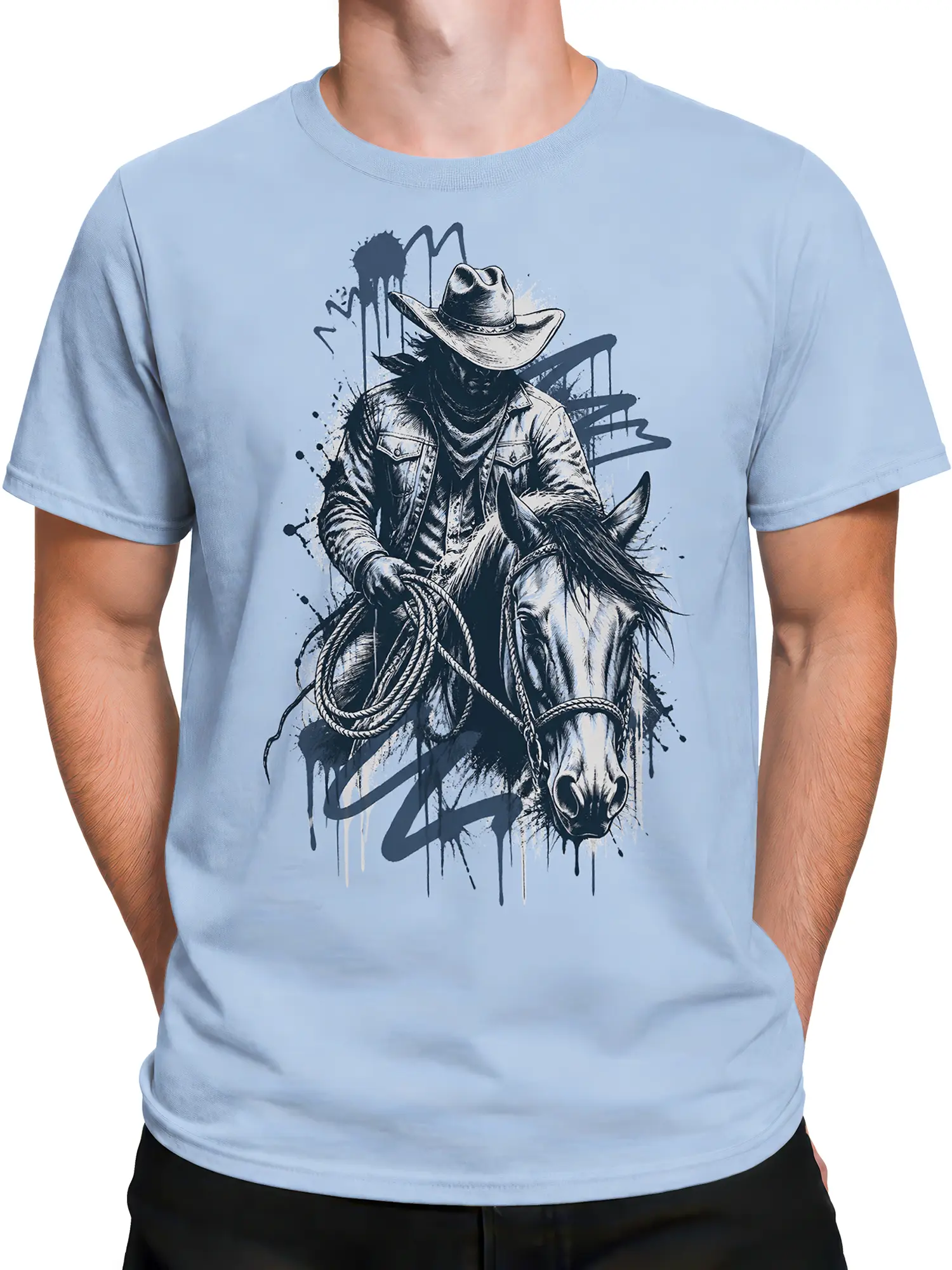 Male torso wearing a light blue cowboy horse graphic T-shirt