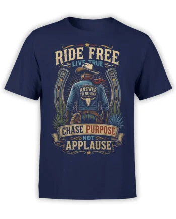 Vintage western cowboy graphic with horseshoes, cacti, and purpose lettering on a navy T-shirt