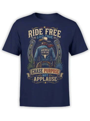 Vintage western cowboy graphic with horseshoes, cacti, and purpose lettering on a navy T-shirt