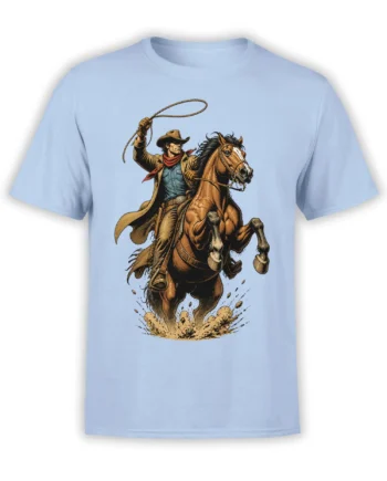 Vintage cowboy riding a rearing horse with a raised lasso on a light blue T-shirt