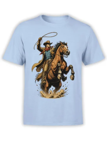 Vintage cowboy riding a rearing horse with a raised lasso on a light blue T-shirt