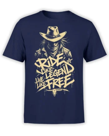 Front view of navy western T-shirt with a cowboy rider, rebel lettering, star symbol, and longhorn skull