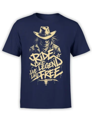 Front view of navy western T-shirt with a cowboy rider, rebel lettering, star symbol, and longhorn skull