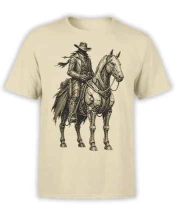 Iron Trail Rider fantasy design with a masked armored rider and mechanical-looking horse on a beige T-shirt