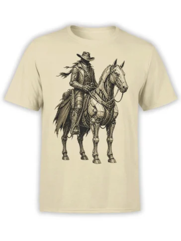 Iron Trail Rider fantasy design with a masked armored rider and mechanical-looking horse on a beige T-shirt
