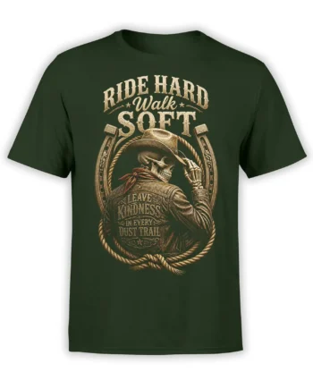 Vintage cowboy skeleton T-shirt in green with horseshoes, rope, and Ride Hard Walk Soft lettering