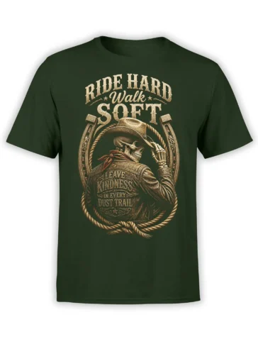 Vintage cowboy skeleton T-shirt in green with horseshoes, rope, and Ride Hard Walk Soft lettering