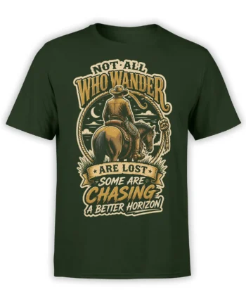 Vintage cowboy riding a horse toward a moonlit horizon on a dark green horse T-shirt