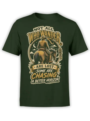 Vintage cowboy riding a horse toward a moonlit horizon on a dark green horse T-shirt