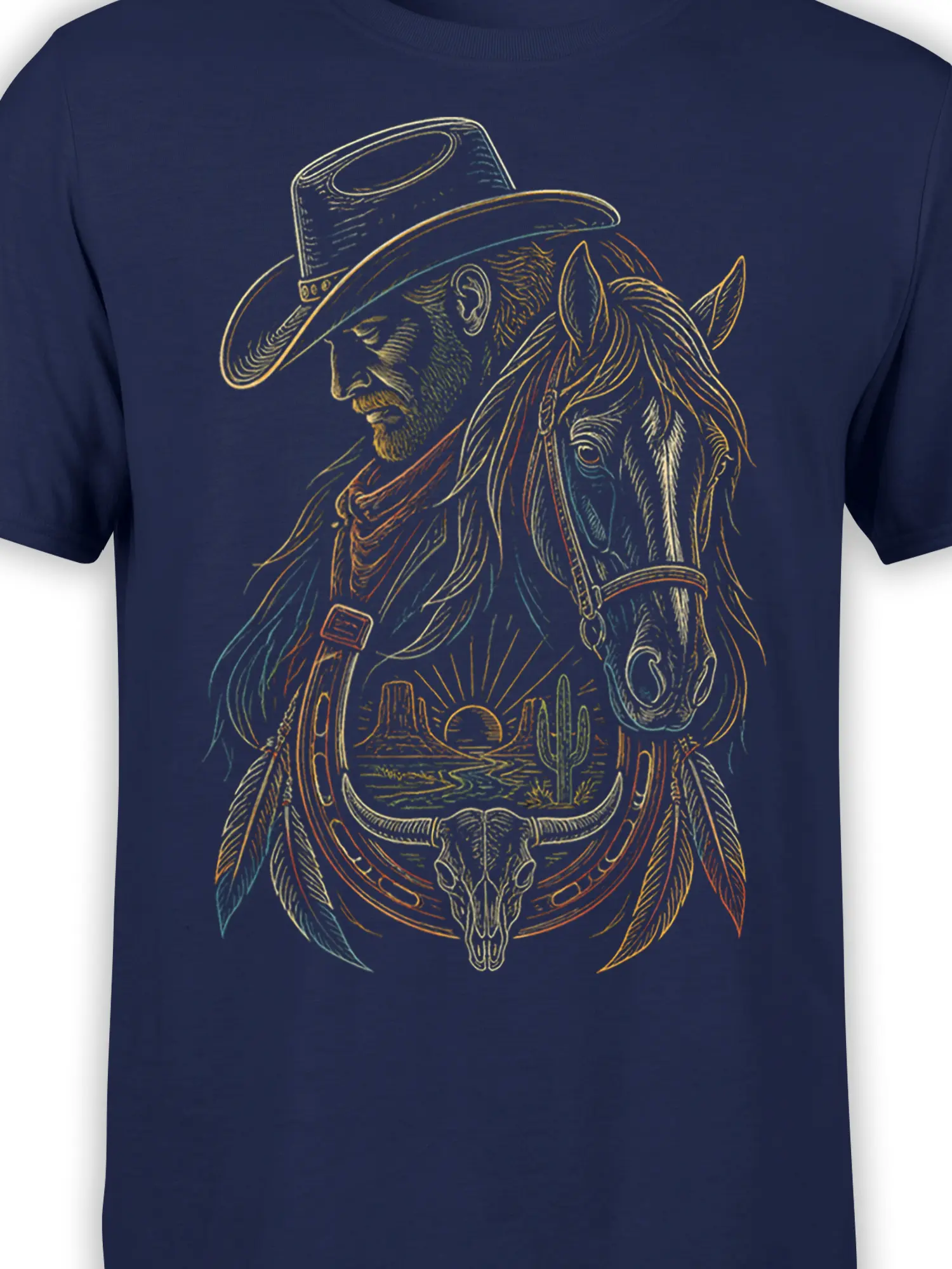 Close-up of cowboy and horse desert artwork printed on a navy horse graphic T-shirt