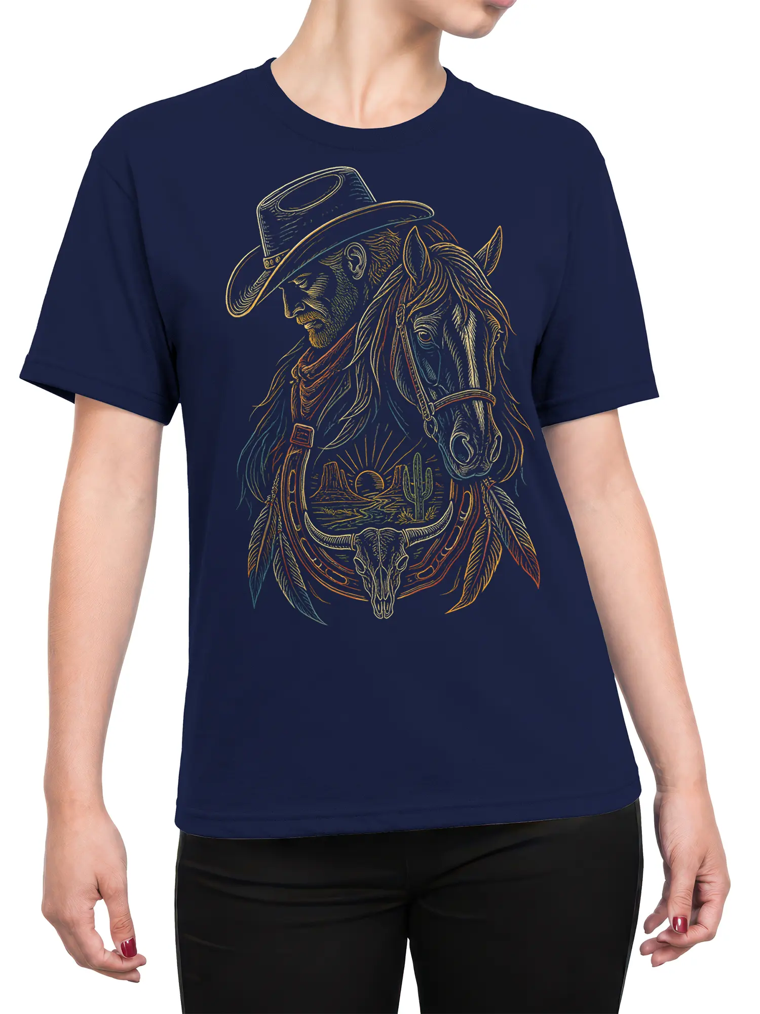 Female torso wearing a navy horse T-shirt with vintage cowboy and desert artwork