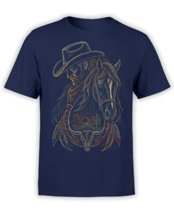 Navy horse T-shirt with cowboy rider, desert sunset, cactus, feathers, and horned skull artwork