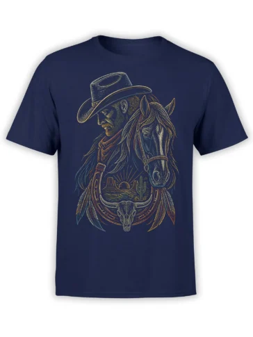 Navy horse T-shirt with cowboy rider, desert sunset, cactus, feathers, and horned skull artwork