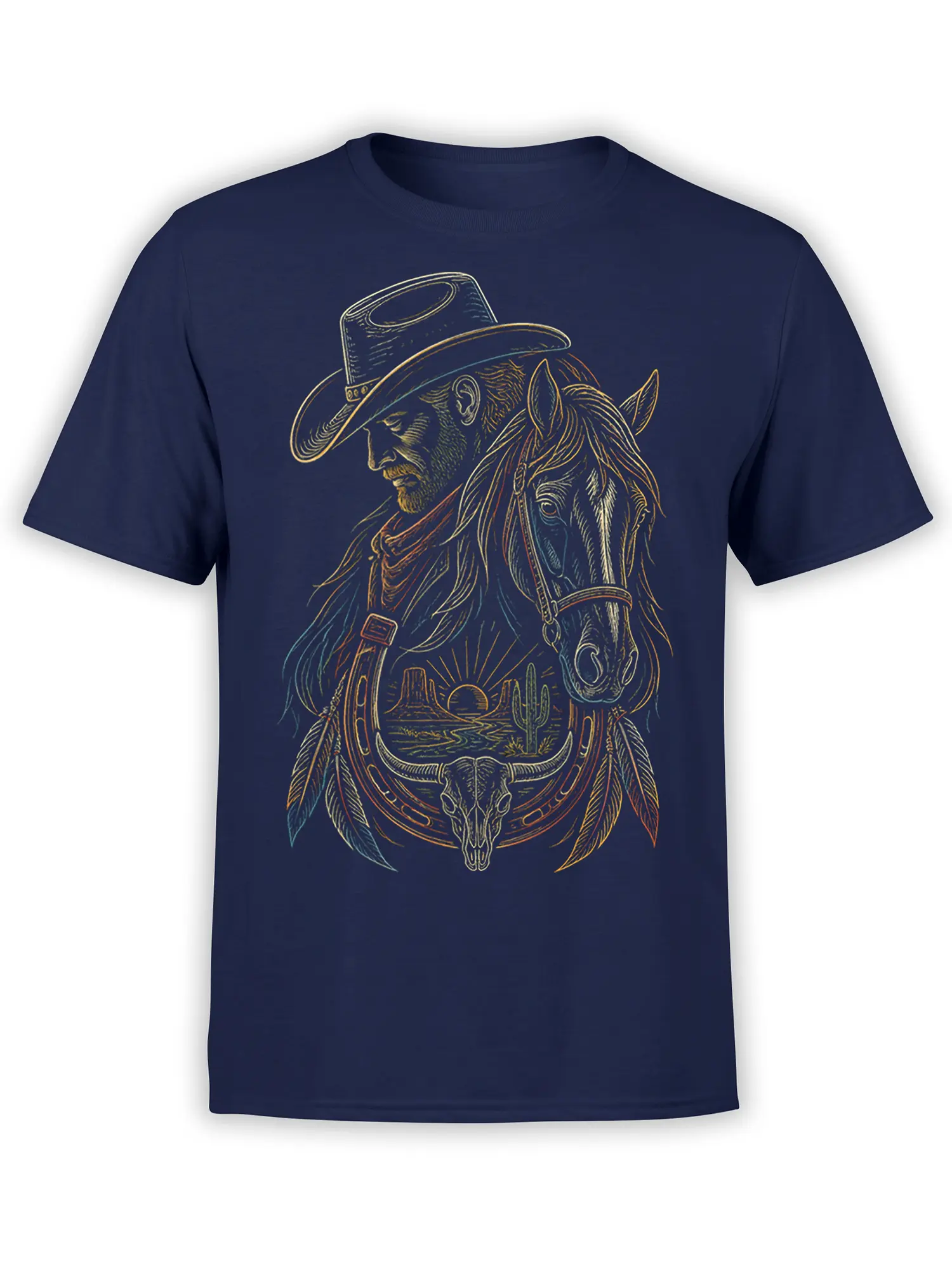 Navy horse T-shirt with cowboy rider, desert sunset, cactus, feathers, and horned skull artwork