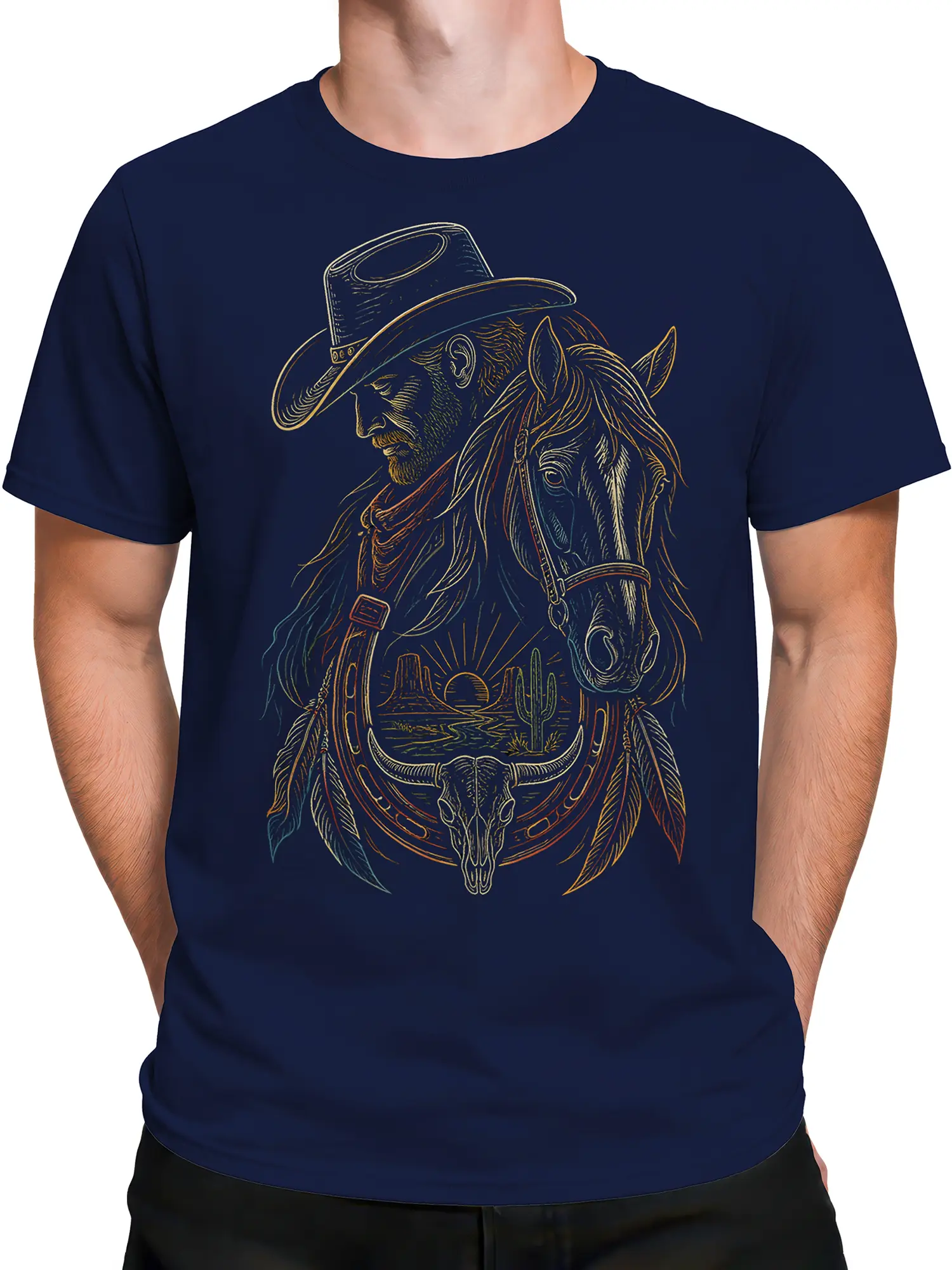 Male torso wearing a navy horse T-shirt with cowboy and desert sunset graphic